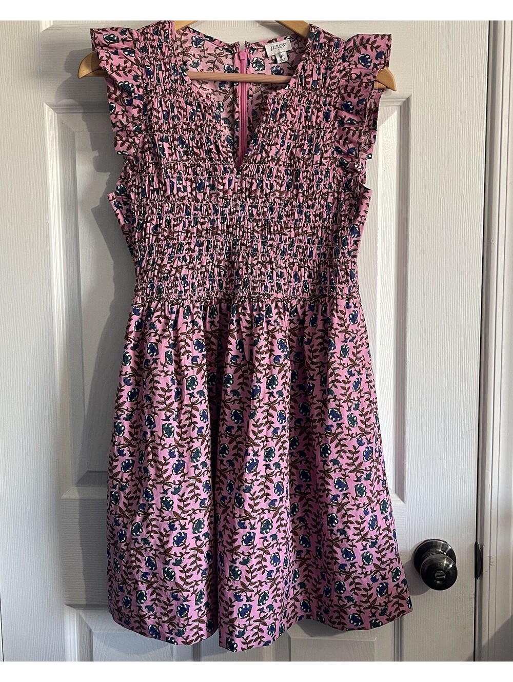 J.Crew Pink Blue Floral Dress Smocked Flutter Sleeve MP M Petite Pockets Cotton